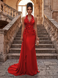 Sheath/Column Halter Chiffon Maxi Formal Dresses with 3D Flowers & Pleats