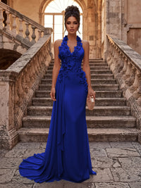 Sheath/Column Halter Chiffon Maxi Formal Dresses with 3D Flowers & Pleats
