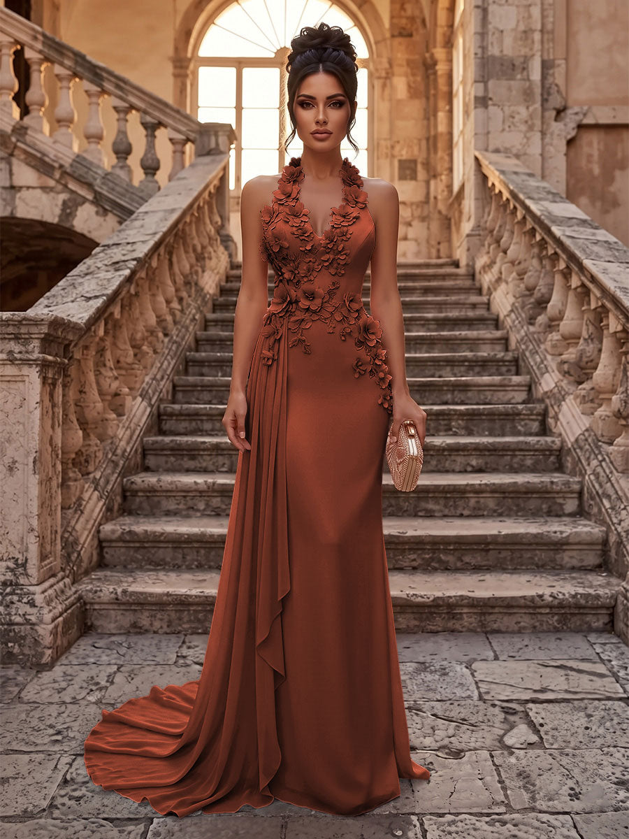 Sheath/Column Halter Chiffon Maxi Formal Dresses with 3D Flowers & Pleats