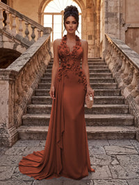 Sheath/Column Halter Chiffon Maxi Formal Dresses with 3D Flowers & Pleats