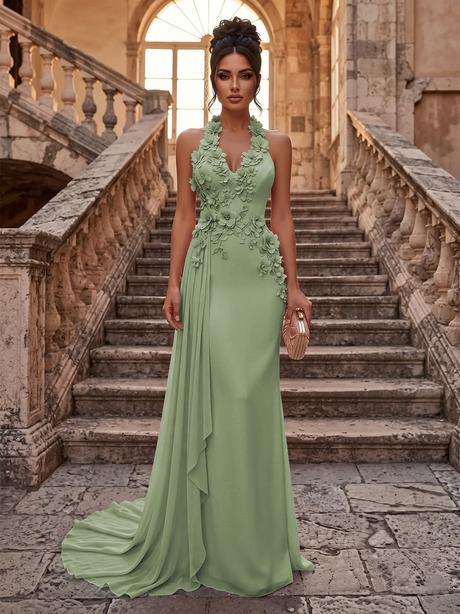 Sheath/Column Halter Chiffon Maxi Formal Dresses with 3D Flowers & Pleats