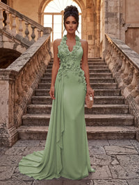 Sheath/Column Halter Chiffon Maxi Formal Dresses with 3D Flowers & Pleats