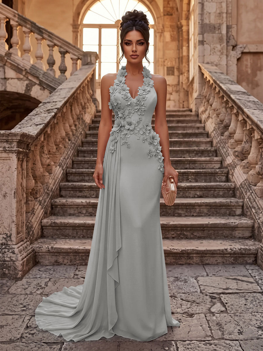 Sheath/Column Halter Chiffon Maxi Formal Dresses with 3D Flowers & Pleats