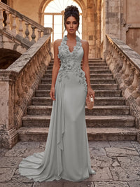 Sheath/Column Halter Chiffon Maxi Formal Dresses with 3D Flowers & Pleats