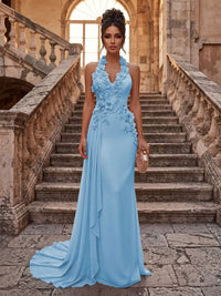 Sheath/Column Halter Chiffon Maxi Formal Dresses with 3D Flowers & Pleats