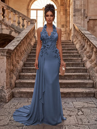 Sheath/Column Halter Chiffon Maxi Formal Dresses with 3D Flowers & Pleats