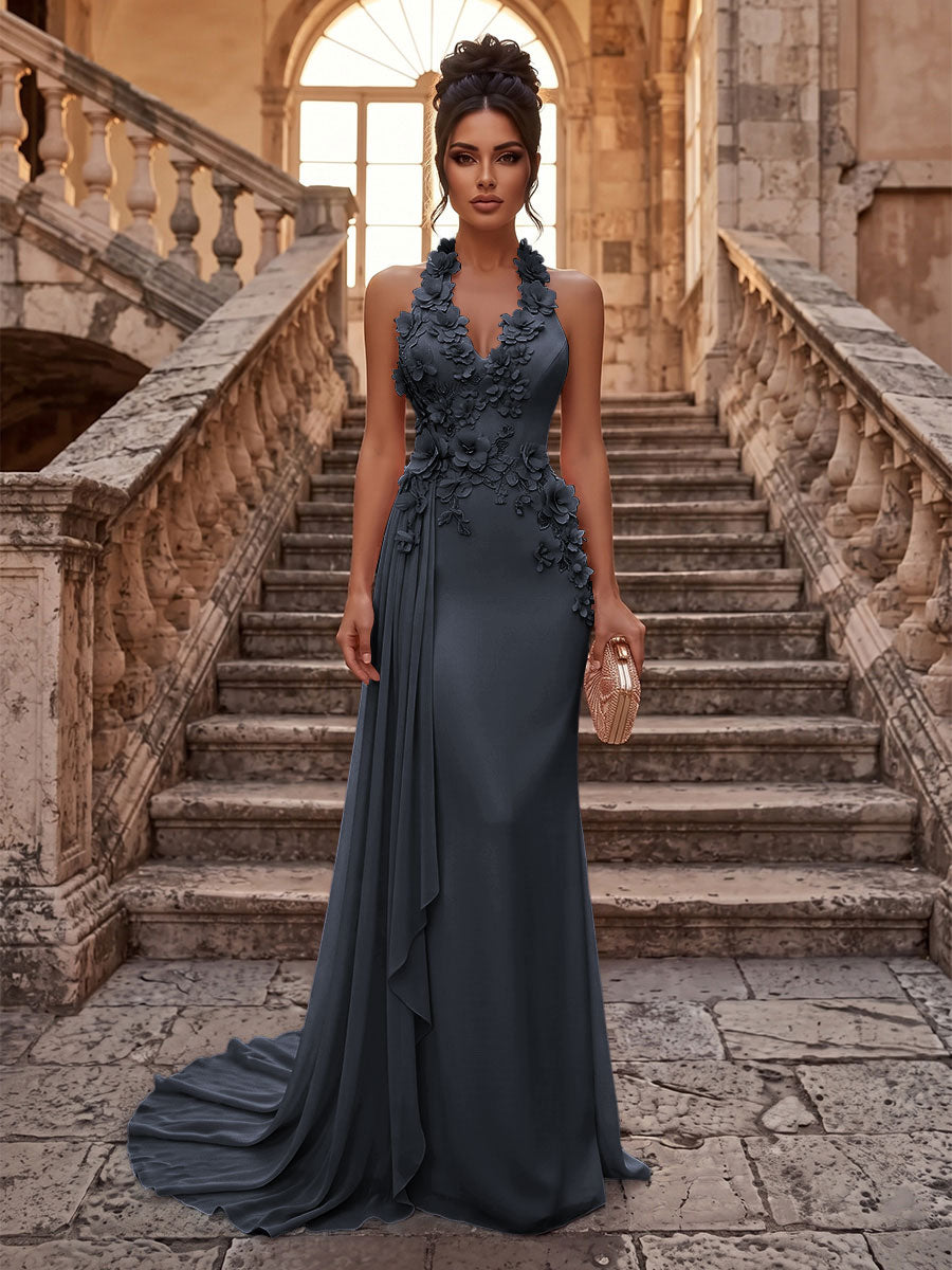 Sheath/Column Halter Chiffon Maxi Formal Dresses with 3D Flowers & Pleats