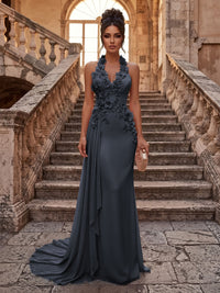 Sheath/Column Halter Chiffon Maxi Formal Dresses with 3D Flowers & Pleats