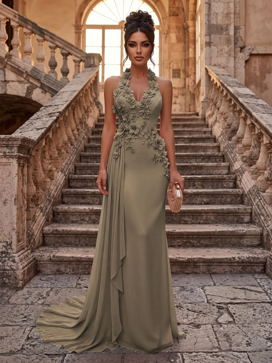 Sheath/Column Halter Chiffon Maxi Formal Dresses with 3D Flowers & Pleats