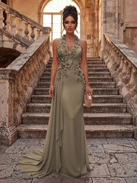 Sheath/Column Halter Chiffon Maxi Formal Dresses with 3D Flowers & Pleats