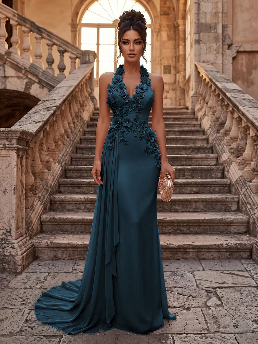 Sheath/Column Halter Chiffon Maxi Formal Dresses with 3D Flowers & Pleats