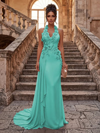 Sheath/Column Halter Chiffon Maxi Formal Dresses with 3D Flowers & Pleats