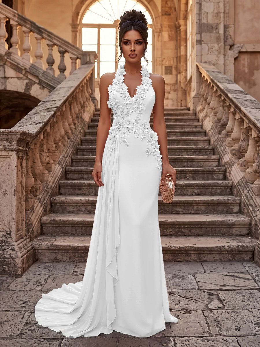 Sheath/Column Halter Chiffon Maxi Formal Dresses with 3D Flowers & Pleats