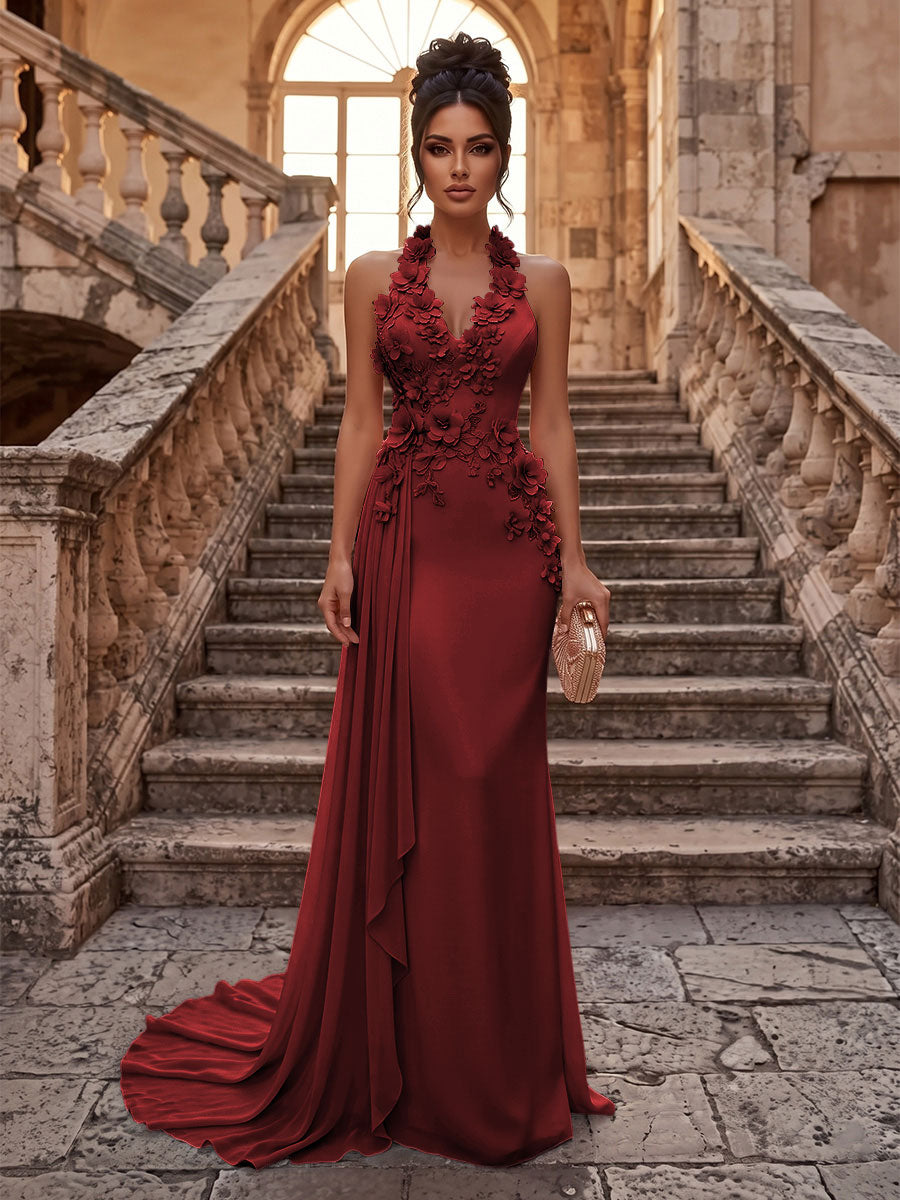 Sheath/Column Halter Chiffon Maxi Formal Dresses with 3D Flowers & Pleats
