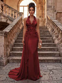 Sheath/Column Halter Chiffon Maxi Formal Dresses with 3D Flowers & Pleats