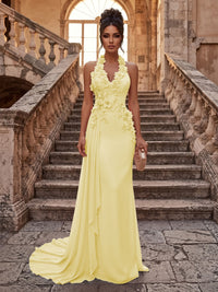 Sheath/Column Halter Chiffon Maxi Formal Dresses with 3D Flowers & Pleats
