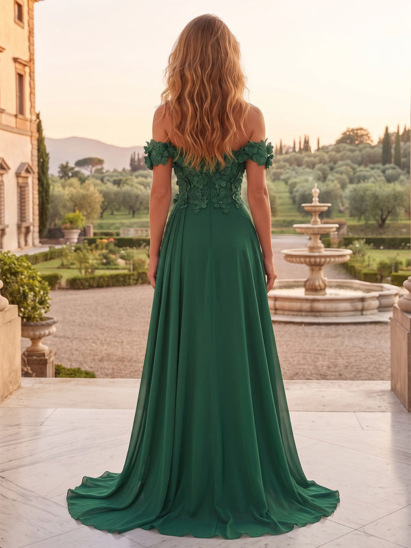 Sheath/Column Off Shoulder Chiffon Maxi Formal Dresses with 3D Flowers & Sweep Train