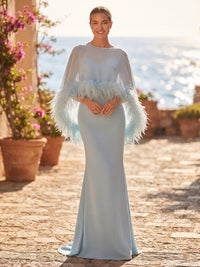 Sheath/Column Scoop Neck Satin Maxi Formal Dresses with Feather Trim