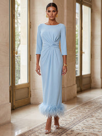 Sheath/Column Scoop Neck Stretch Jersey Tea-Length Formal Dresses with Feathers & Ruched Waist