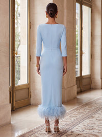 Sheath/Column Scoop Neck Stretch Jersey Tea-Length Formal Dresses with Feathers & Ruched Waist