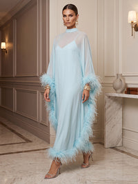 A-Line/Princess High Neck Chiffon Maxi Formal Dresses with Feather Trim