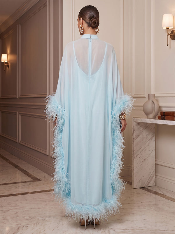 A-Line/Princess High Neck Chiffon Maxi Formal Dresses with Feather Trim