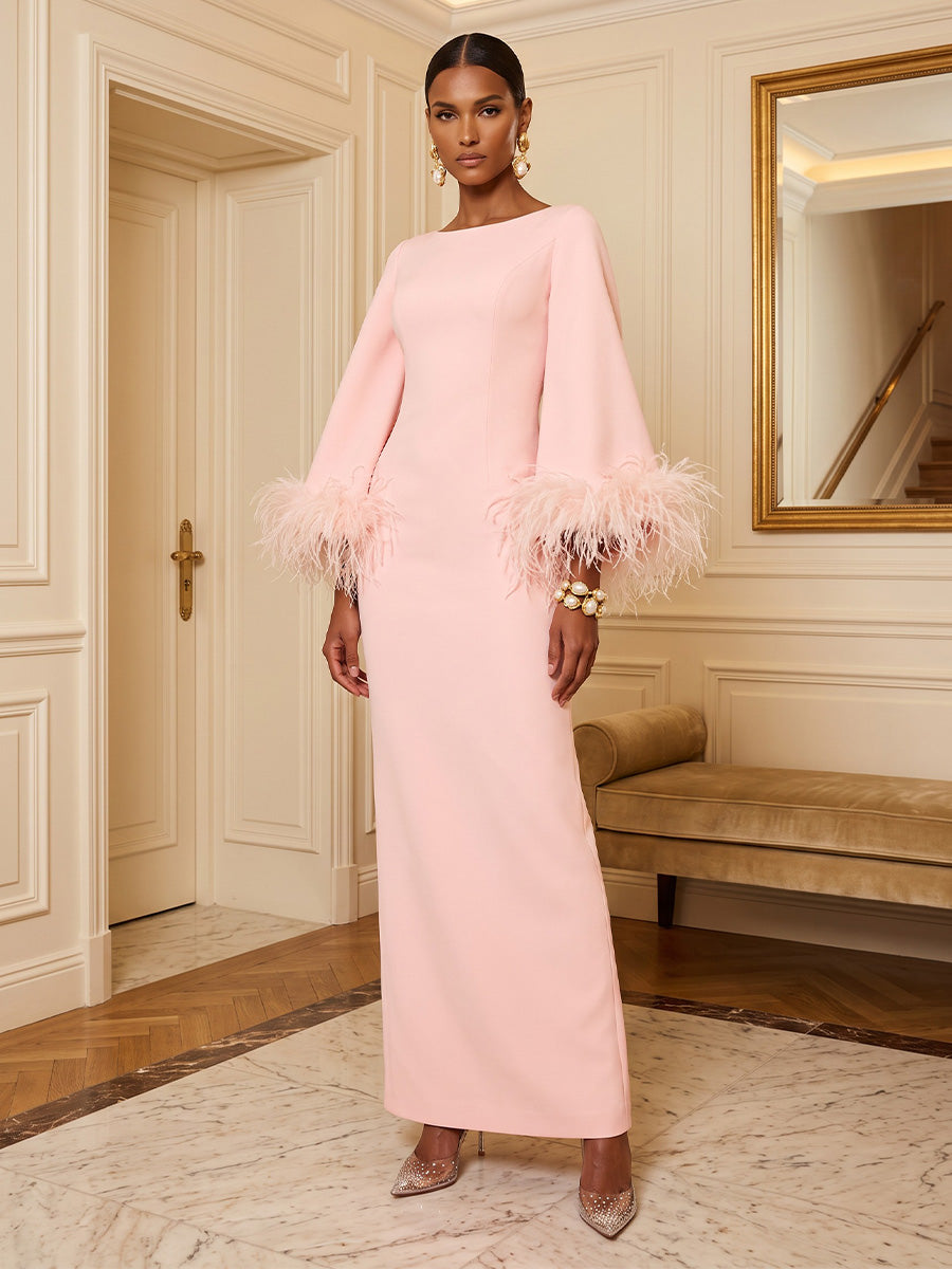 Sheath/Column Scoop Neck Stretch Jersey Maxi Formal Dresses with Fluffy Feather Trim Cuffs