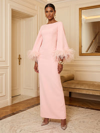 Sheath/Column Scoop Neck Stretch Jersey Maxi Formal Dresses with Fluffy Feather Trim Cuffs