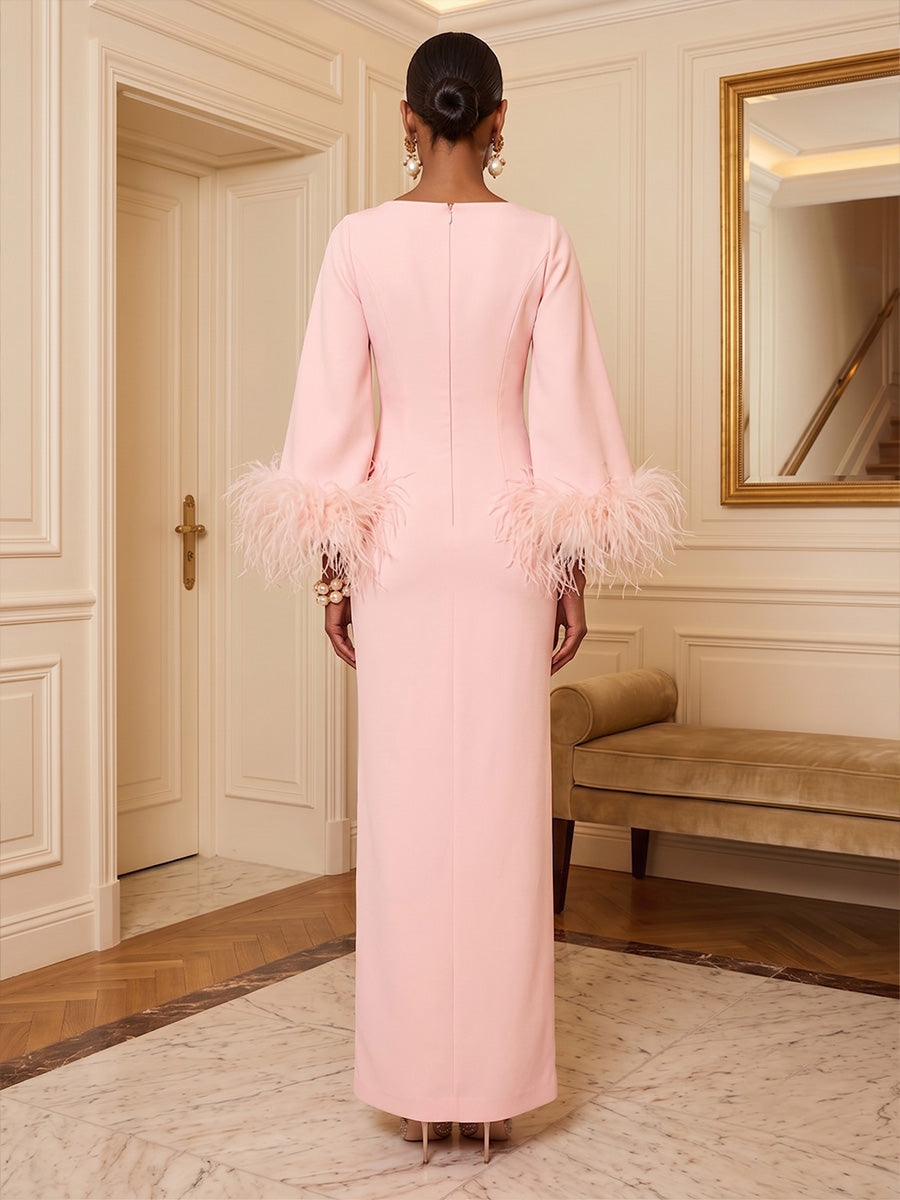 Sheath/Column Scoop Neck Stretch Jersey Maxi Formal Dresses with Fluffy Feather Trim Cuffs
