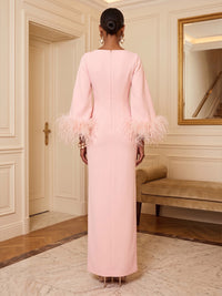 Sheath/Column Scoop Neck Stretch Jersey Maxi Formal Dresses with Fluffy Feather Trim Cuffs