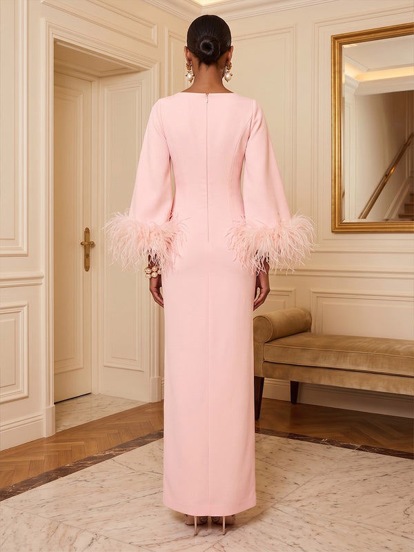Sheath/Column Scoop Neck Stretch Jersey Maxi Formal Dresses with Fluffy Feather Trim Cuffs