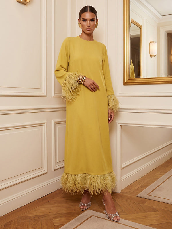 A-Line/Princess Scoop Neck Stretch Jersey Maxi Formal Dresses with Fluffy Feather Trim Cuffs