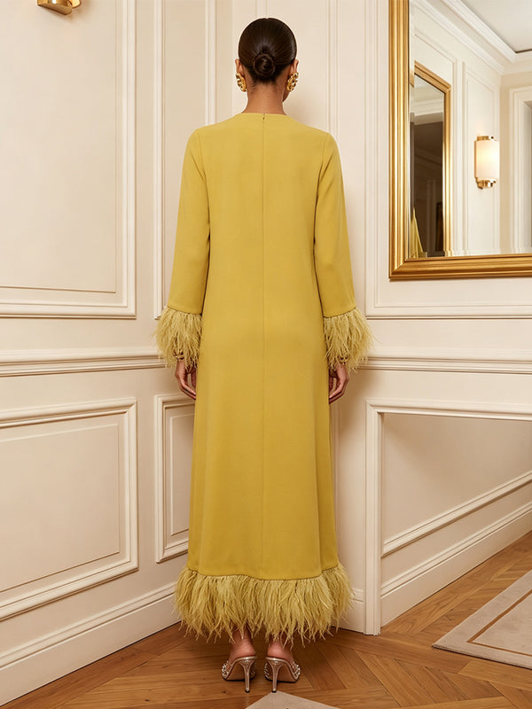 A-Line/Princess Scoop Neck Stretch Jersey Maxi Formal Dresses with Fluffy Feather Trim Cuffs