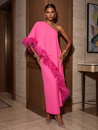 Sheath/Column One Shoulder Stretch Jersey Maxi Formal Dresses with Feather Trim