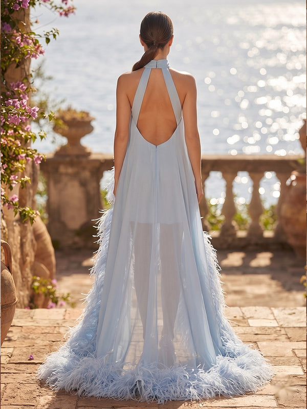 A-Line/Princess Halter Chiffon High-Low Formal Dresses with Feather Trim & Pleats