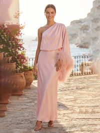 Sheath/Column One Shoulder Satin Maxi Formal Dresses with Fluffy Feather Trim Cuffs