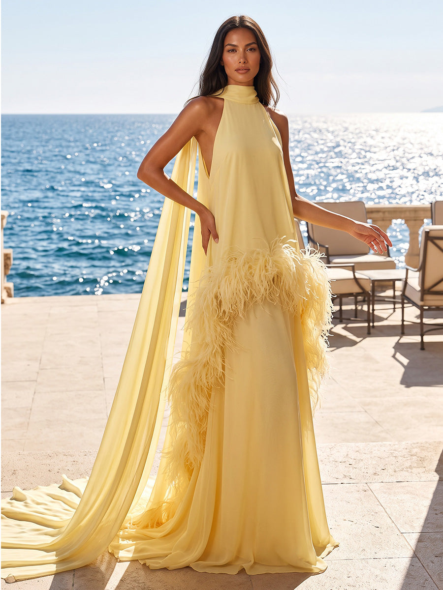 A-Line/Princess Halter Chiffon Maxi Formal Dresses with Feather Trim & Scarf
