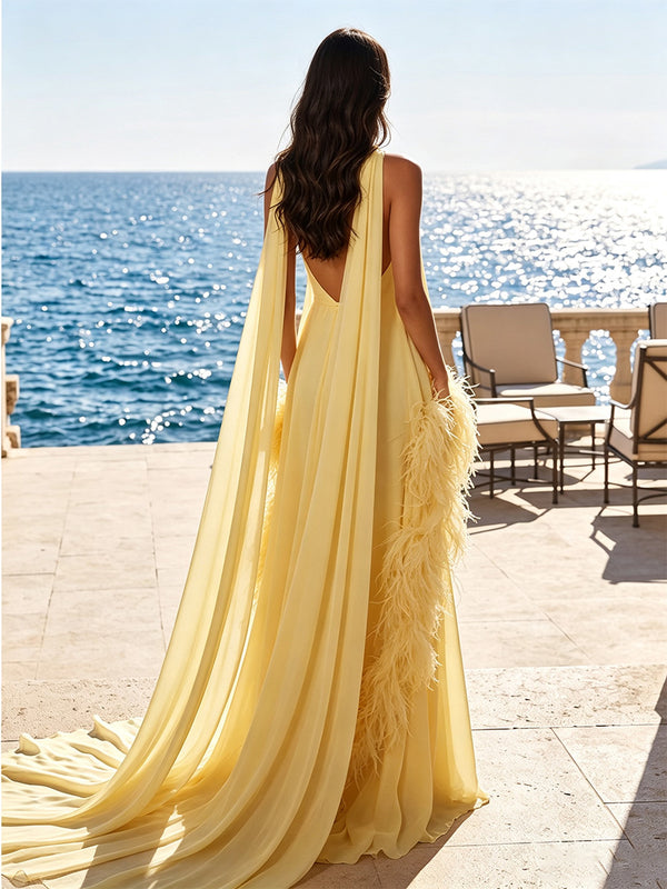 A-Line/Princess Halter Chiffon Maxi Formal Dresses with Feather Trim & Scarf