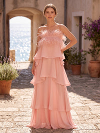 A-Line/Princess Spaghetti Straps Chiffon Maxi Formal Dresses with Feather Trim, Ruffles & Tiered Layers