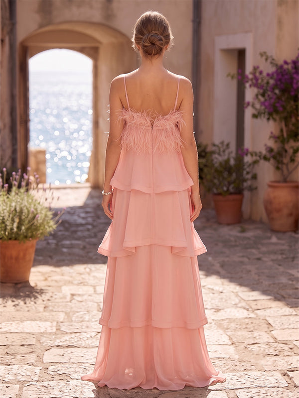 A-Line/Princess Spaghetti Straps Chiffon Maxi Formal Dresses with Feather Trim, Ruffles & Tiered Layers