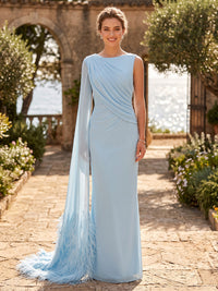 Sheath/Column Scoop Neck Chiffon Maxi Formal Dresses with Feathers, Side Sash & Ruched Waist