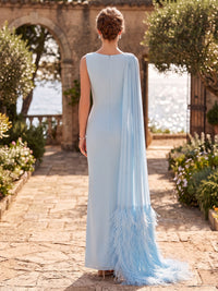 Sheath/Column Scoop Neck Chiffon Maxi Formal Dresses with Feathers, Side Sash & Ruched Waist