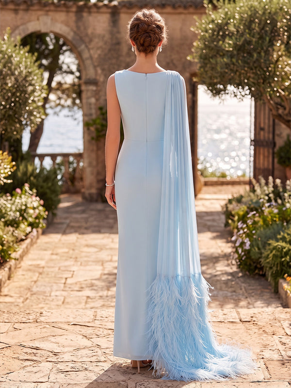 Sheath/Column Scoop Neck Chiffon Maxi Formal Dresses with Feathers, Side Sash & Ruched Waist
