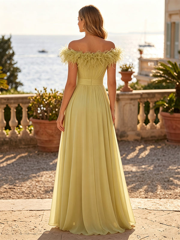 A-Line/Princess Off Shoulder Chiffon Maxi Formal Dresses with Feather Trim & Pleats