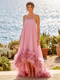 A-Line/Princess Strapless Chiffon High-Low Formal Dresses with Feather Trim & Pleats