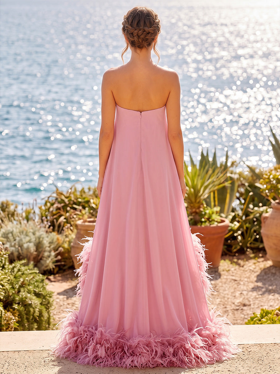A-Line/Princess Strapless Chiffon High-Low Formal Dresses with Feather Trim & Pleats