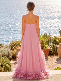 A-Line/Princess Strapless Chiffon High-Low Formal Dresses with Feather Trim & Pleats