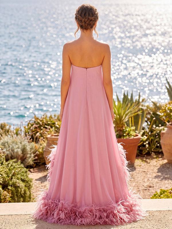 A-Line/Princess Strapless Chiffon High-Low Formal Dresses with Feather Trim & Pleats