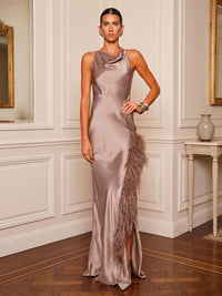 Sheath/Column Cowl Neck Satin Maxi Formal Dresses with Feather Trim & Slit