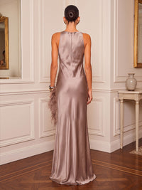 Sheath/Column Cowl Neck Satin Maxi Formal Dresses with Feather Trim & Slit
